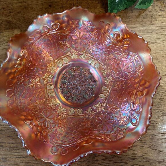 Fenton Leaf Chain Marigold Carnival Glass Bowl Vintage Iridescent‎ Ruffled Edge - Picture 4 of 6
